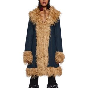 Current Mood Navy Trench Coat with Camel Faux Fur Trim